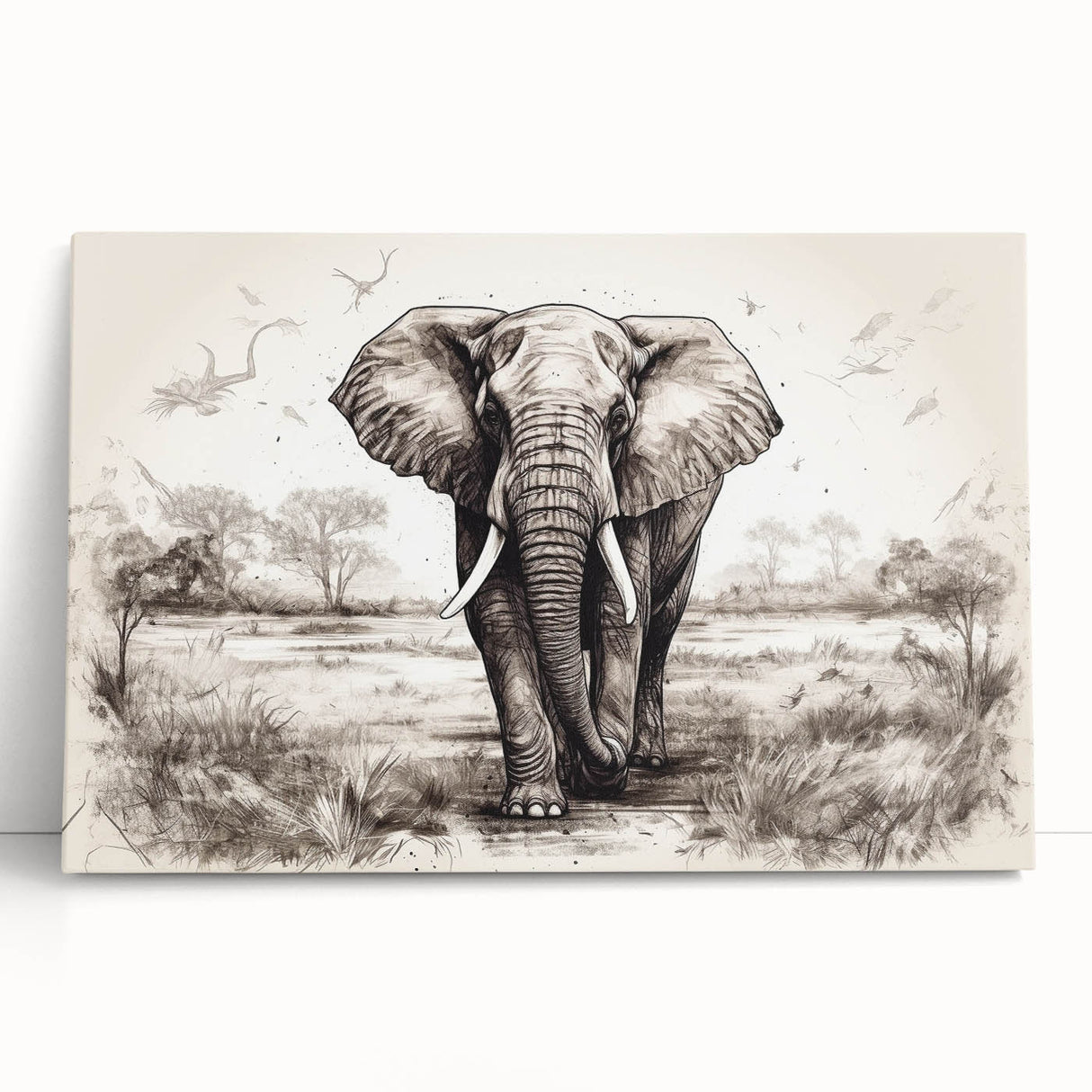 Stretched canvas wall art depicting a majestic African elephant in a natural habitat, showcasing intricate details and vibrant colors, perfect for wildlife decor enthusiasts.