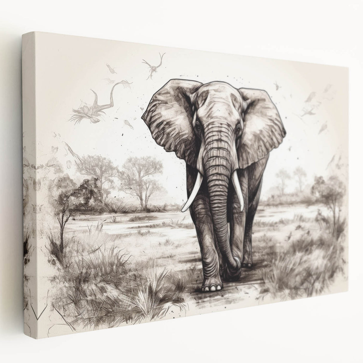 Stretched canvas artwork showcasing a side view of a majestic elephant, beautifully designed for wildlife enthusiasts, featuring natural colors and intricate details.