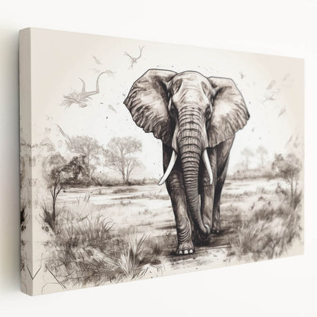Stretched canvas artwork showcasing a side view of a majestic elephant, beautifully designed for wildlife enthusiasts, featuring natural colors and intricate details.