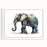 Framed wall art featuring a majestic African elephant design, showcasing intricate details in a white mat and sleek frame, perfect for wildlife enthusiasts.