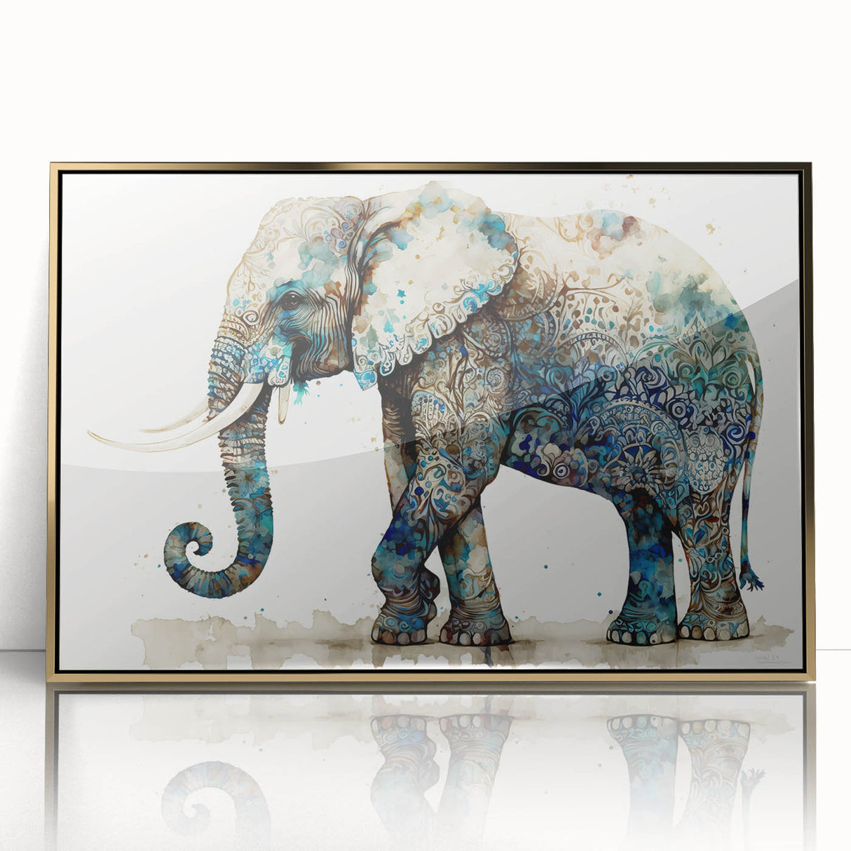 Framed wall art featuring a striking front view of an elephant, designed with gold accents and a contemporary aesthetic, perfect for wildlife decor enthusiasts.