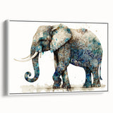Framed wall art canvas showcasing a side view of a majestic elephant, set against a white background, highlighting intricate details and textures, perfect for wildlife enthusiasts.
