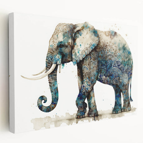 Stretched canvas wall art showcasing a side view of a majestic elephant in a natural habitat, featuring earthy tones and intricate details, perfect for wildlife enthusiasts.