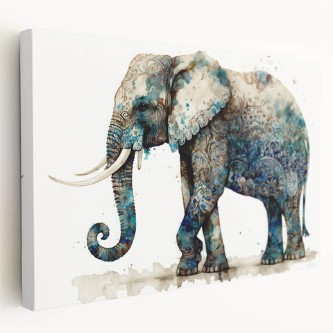 Stretched canvas wall art showcasing a side view of a majestic elephant in a natural habitat, featuring earthy tones and intricate details, perfect for wildlife enthusiasts.