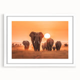 Elephant-themed wall art framed with a white mat, showcasing a vibrant design of a majestic elephant in a natural setting, perfect for wildlife enthusiasts and home decor.