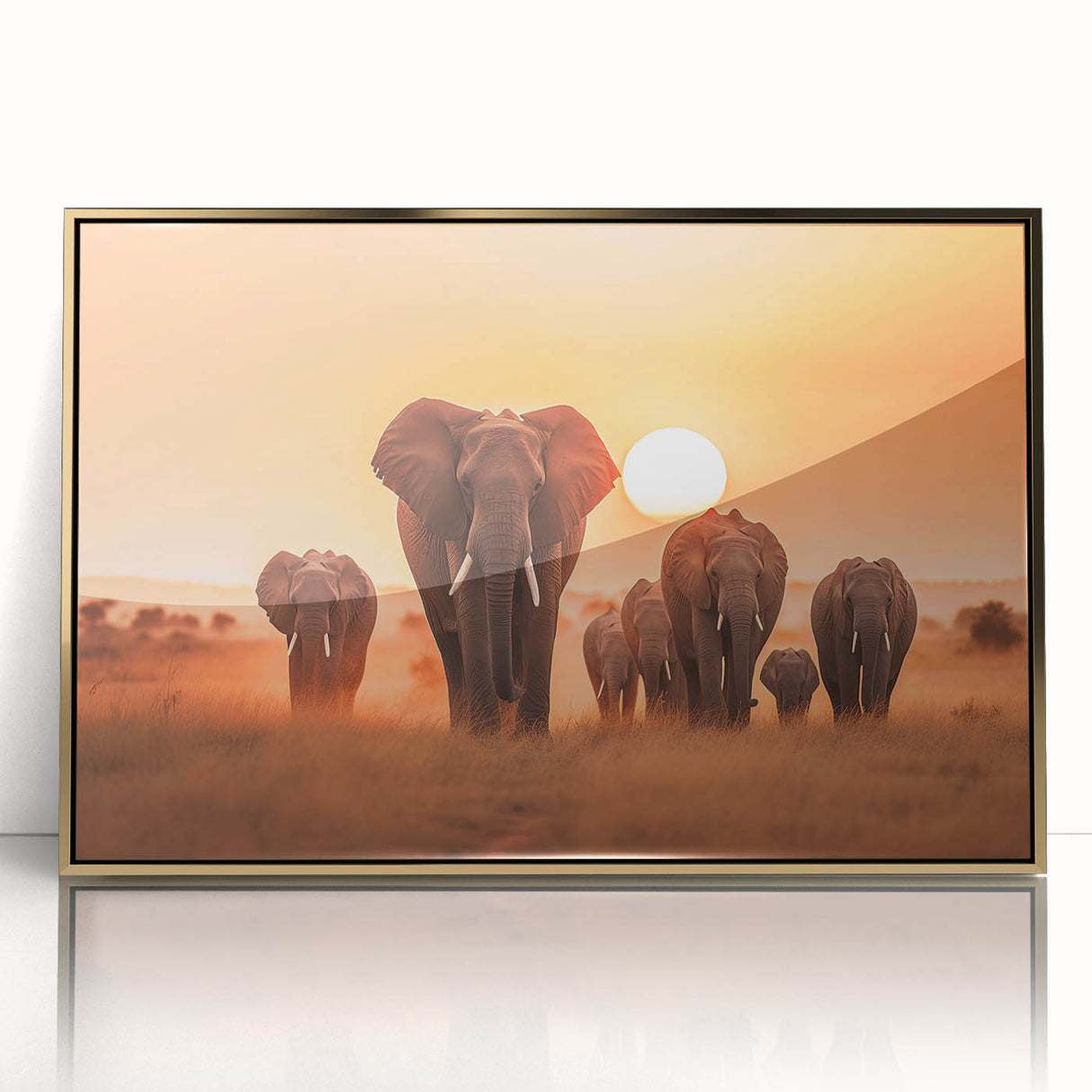 Framed wall art featuring a majestic elephant design in a gold-acrylic finish, showcasing vibrant colors and intricate details, perfect for wildlife enthusiasts.