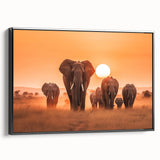 Framed canvas wall art featuring a side view of a majestic elephant design, showcasing intricate details and a black background, perfect for wildlife enthusiasts.