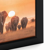 Close-up view of a framed canvas wall art featuring a majestic elephant design, showcasing intricate details and rich colors, perfect for wildlife enthusiasts and home decor.