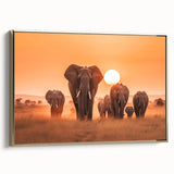 Elegant framed canvas wall art showcasing a majestic side view of an African elephant, adorned with intricate gold accents against a neutral background, perfect for wildlife enthusiasts and home decor lovers.