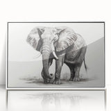 Framed wall art featuring an elegant African elephant design in a white frame. The artwork showcases detailed textures and natural colors, perfect for wildlife enthusiasts. Ideal for home decor or as a thoughtful gift for animal lovers.