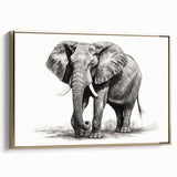 Framed wall art featuring a majestic side view of an elephant, characterized by gold accents and intricate details, perfect for animal lovers and home decor enthusiasts. Ideal for adding an elegant touch to any room or gallery wall.