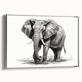 Framed canvas wall art depicting a side view of a majestic elephant, showcasing intricate details and a silver border, perfect for animal-themed décor.