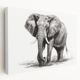 Stretched canvas wall art showcasing a side view of a majestic elephant in a natural habitat, featuring vibrant colors and intricate details, perfect for wildlife enthusiasts.
