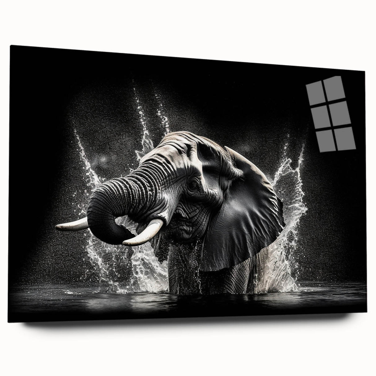 Acrylic wall art display showcasing a side view of a majestic elephant in a vibrant, colorful design, perfect for wildlife enthusiasts and home decor.