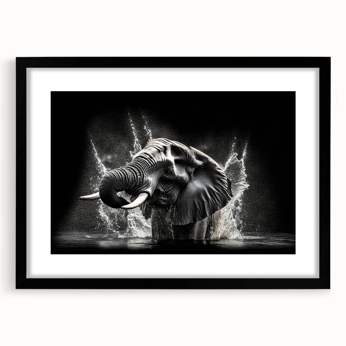 Elephant-themed wall art print showcasing a detailed black and white design, framed with a matte finish. Perfect for animal lovers and modern decor enthusiasts.