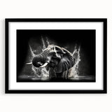 Elephant-themed wall art print showcasing a detailed black and white design, framed with a matte finish. Perfect for animal lovers and modern decor enthusiasts.