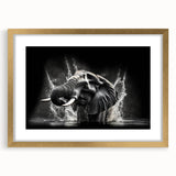 Artistic wall art featuring a majestic elephant design framed in gold, showcasing intricate details and vibrant colors, perfect for wildlife enthusiasts and home decor.