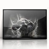 Framed wall art featuring a striking black front view of an elephant design, showcasing intricate details and vibrant colors, perfect for wildlife enthusiasts.