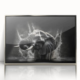 Framed wall art featuring a striking design of a majestic elephant in a silver-acrylic finish, perfect for enhancing home decor with a wild life theme.