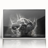 Framed wall art featuring a striking design of an elephant set against a white background, showcasing intricate details and bold lines, perfect for wildlife enthusiasts.