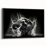 Black-framed canvas wall art featuring a detailed side view of an elephant, showcasing its majestic form and textured design, ideal for animal lovers and home decor enthusiasts.