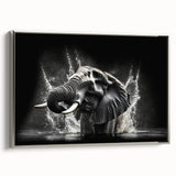 Framed canvas wall art featuring a majestic side view of an elephant in a silver-toned design, ideal for wildlife enthusiasts and modern decor.