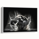 Framed canvas wall art featuring a majestic side view of an elephant, showcasing intricate details and a minimalist white background, perfect for animal lovers and modern decor.