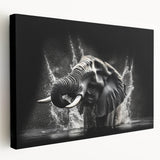 Stretched canvas wall art featuring a majestic side view of an elephant in a natural landscape, showcasing detailed textures and vibrant colors, ideal for wildlife enthusiasts.