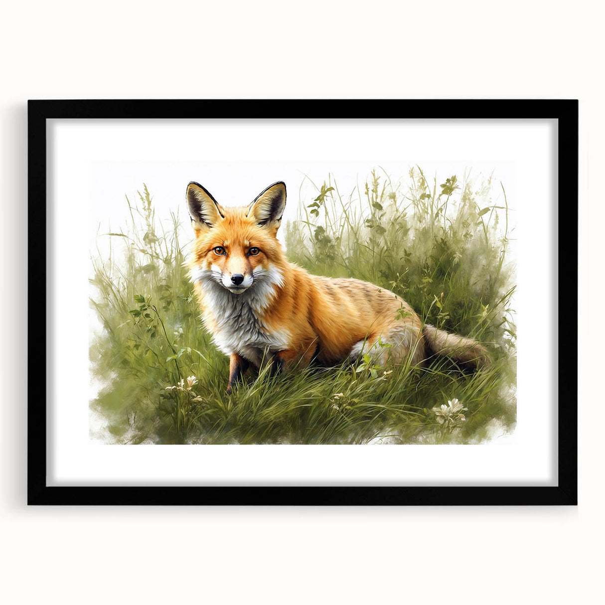 Framed wall art showcasing a striking fox design, presented in a sleek black frame with a mat, perfect for animal lovers and modern home decor.