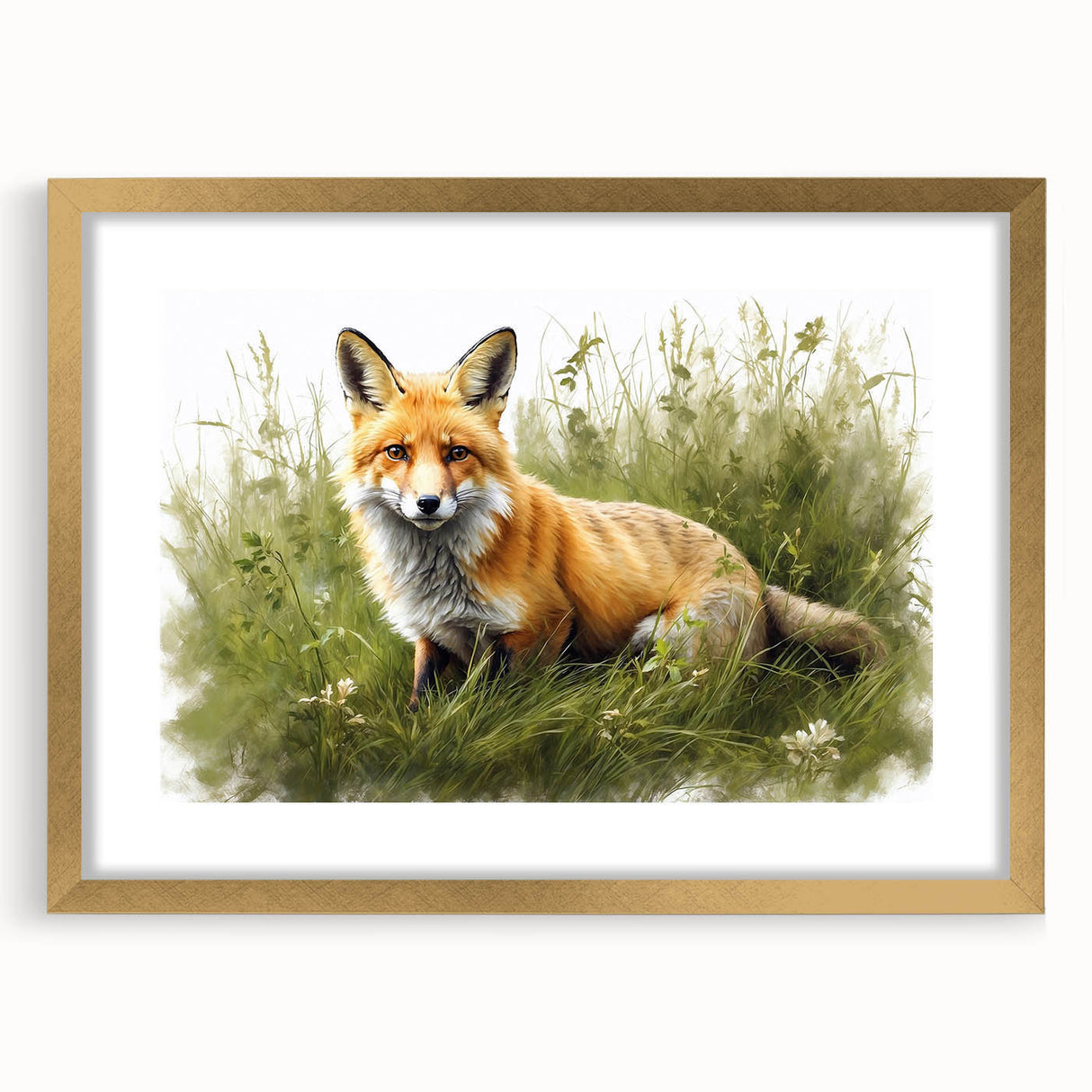 Framed wall art featuring a vibrant fox design with intricate detailing, set in a gold frame with a mat, perfect for animal lovers and modern decor.
