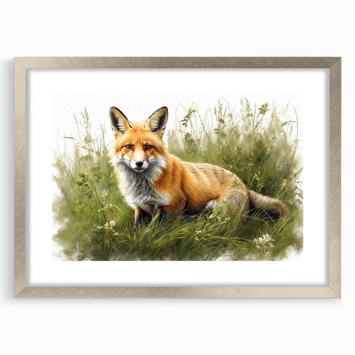 Framed wall art featuring a striking silver mat surrounding a detailed fox design, perfect for adding a touch of nature-inspired elegance to any room.