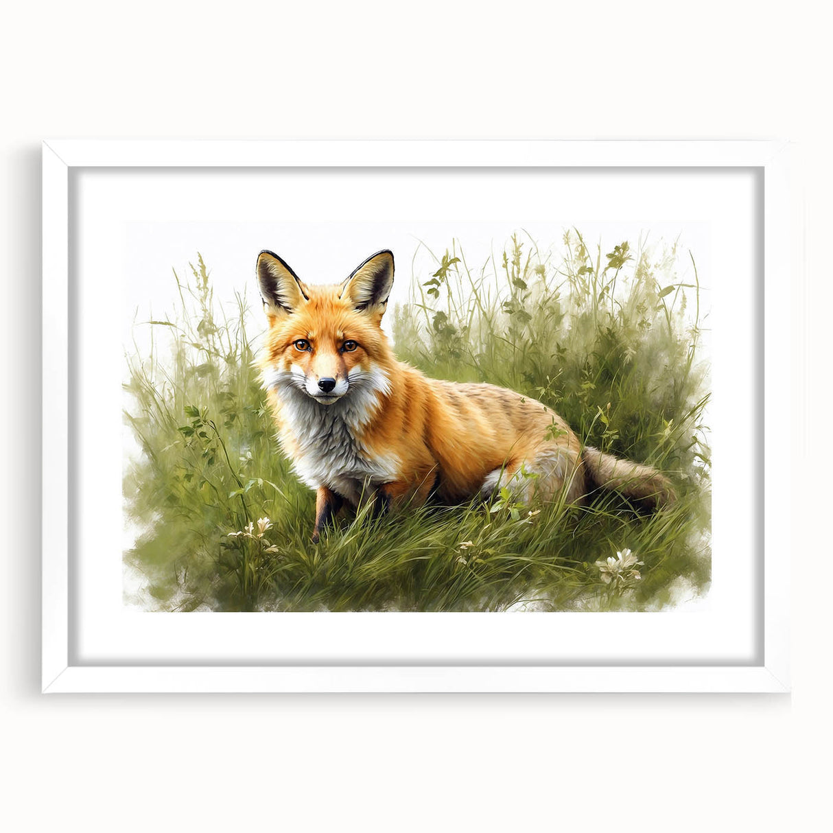 Framed wall art showcasing a vibrant fox design from the "Animals of the Wild" collection, featuring a white mat and contemporary frame, perfect for nature-themed decor.