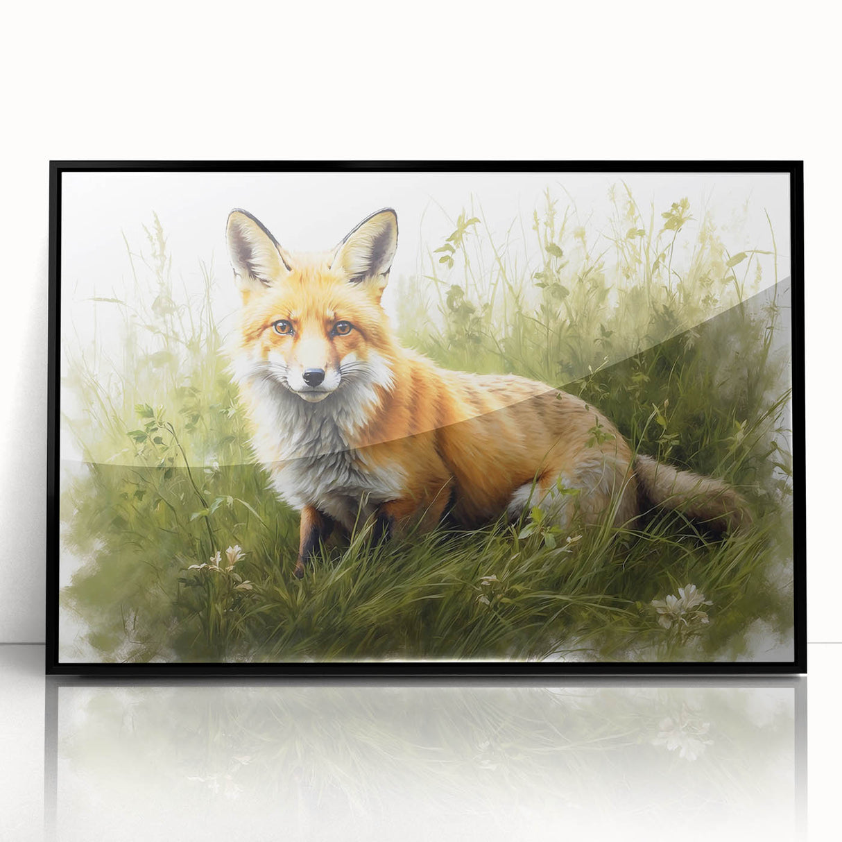Framed acrylic wall art featuring a striking fox design in a contemporary style, set against a black background, perfect for animal lovers and modern decor enthusiasts.