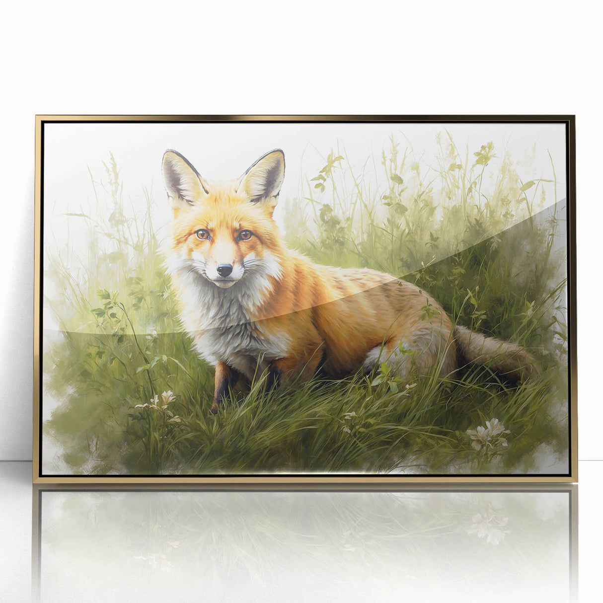 Framed wall art showcasing a stunning fox design with gold accents, set against a sleek acrylic background, ideal for animal-themed home decor.
