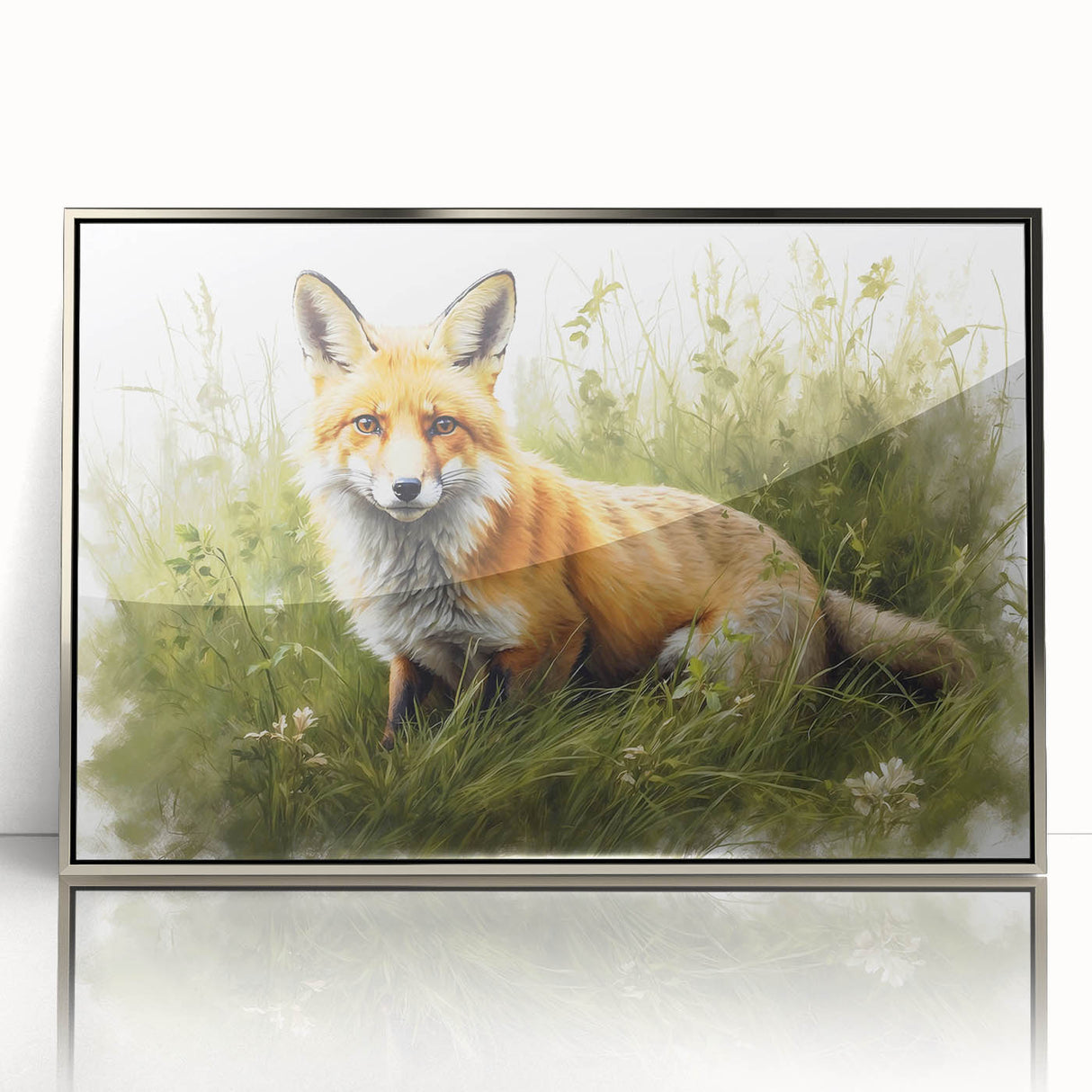 Framed acrylic wall art featuring a striking silver-fronted fox design, showcasing vibrant colors and intricate details, perfect for wildlife enthusiasts' home decor.