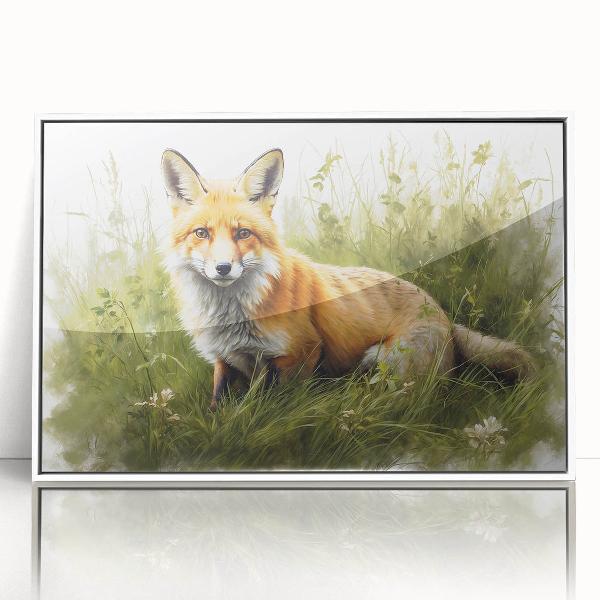 Framed wall art featuring a striking fox design in vibrant colors, displayed in a white frame, perfect for adding a touch of wildlife elegance to home decor.