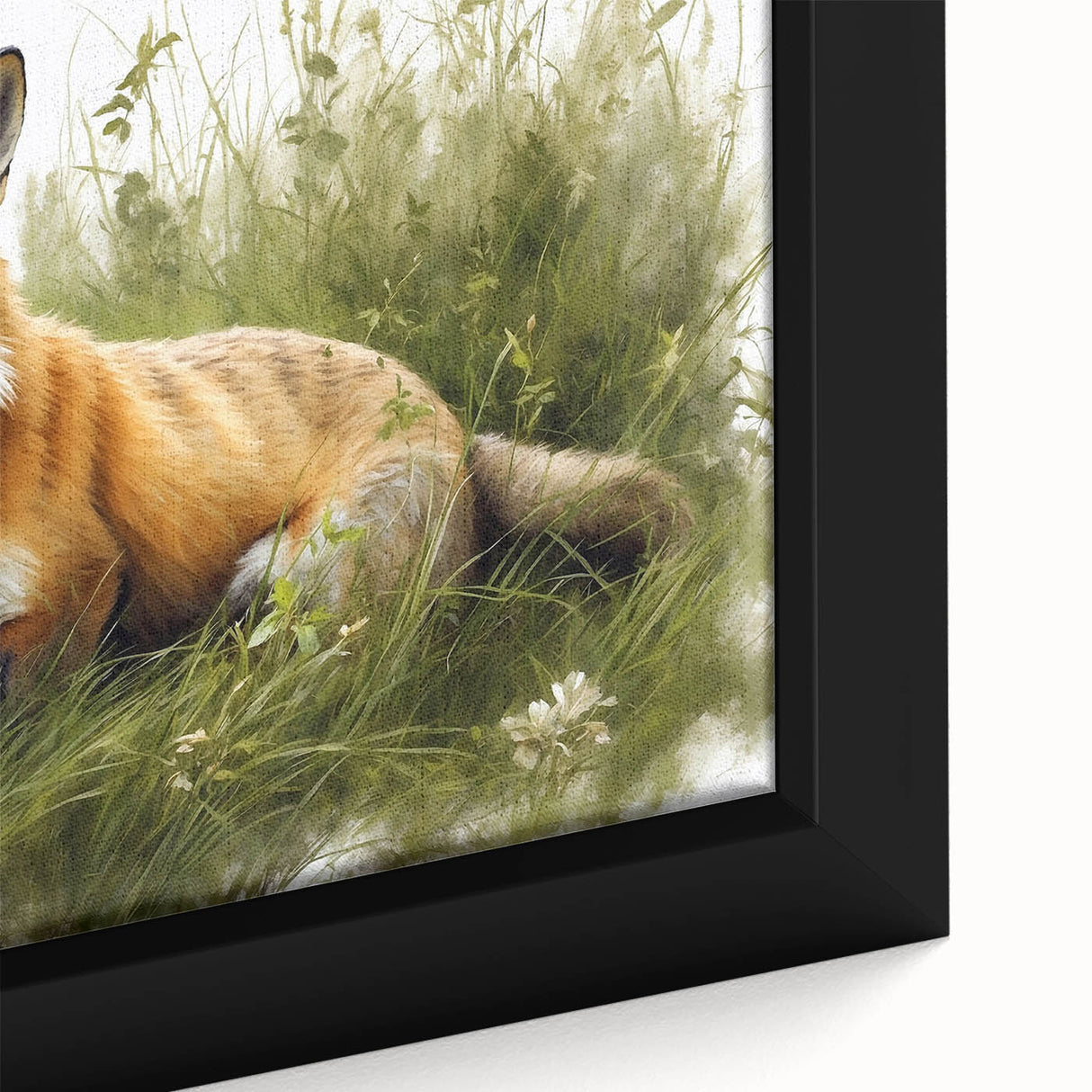 Close-up of a framed canvas wall art featuring a vibrant fox design, showcasing intricate details and rich colors, perfect for wildlife enthusiasts and home decor.