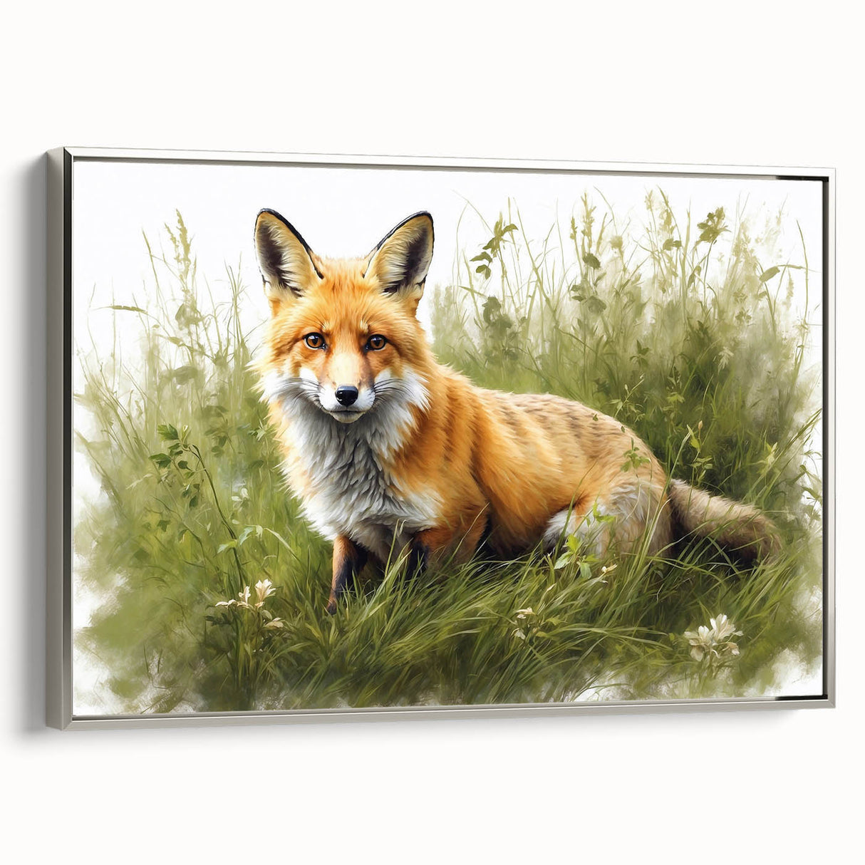 Framed canvas wall art showcasing a silver-colored fox design from the "Animals A Wild Life" collection, set against a neutral background, ideal for home décor.