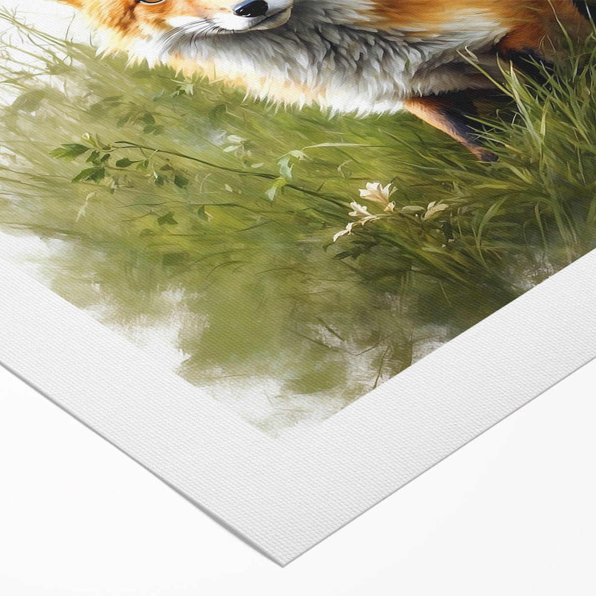 Illustration of a vibrant fox design on rolled canvas wall art, showcasing rich orange and white hues, ideal for nature-themed decor. Perfect for wildlife enthusiasts.