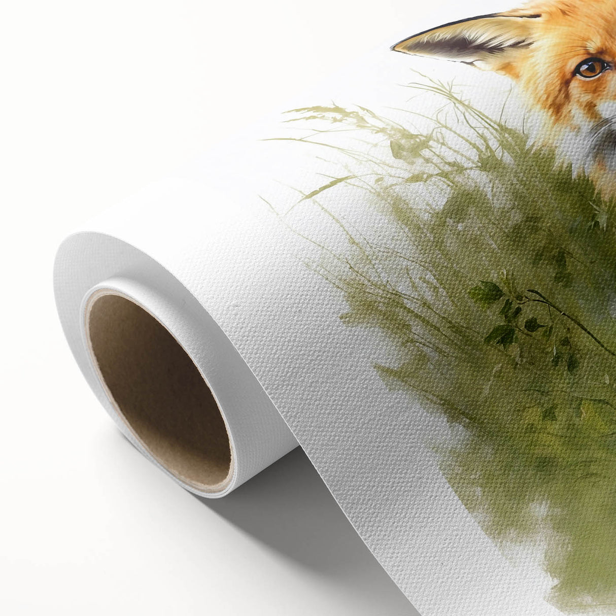 Vibrant rolled canvas artwork showcasing a stylized fox design, perfect for wildlife-themed decor, featuring rich colors and a textured finish for added depth.