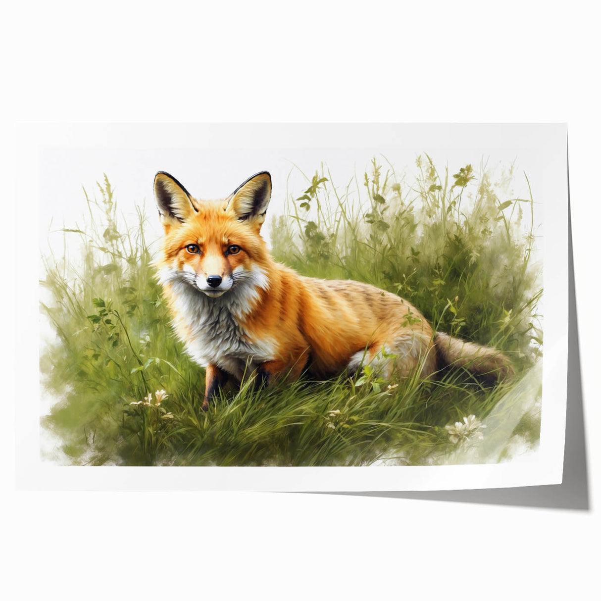Vibrant wall art print featuring a stylized fox design surrounded by lush foliage, perfect for animal lovers and nature-inspired decor. Ideal for enhancing interior spaces.