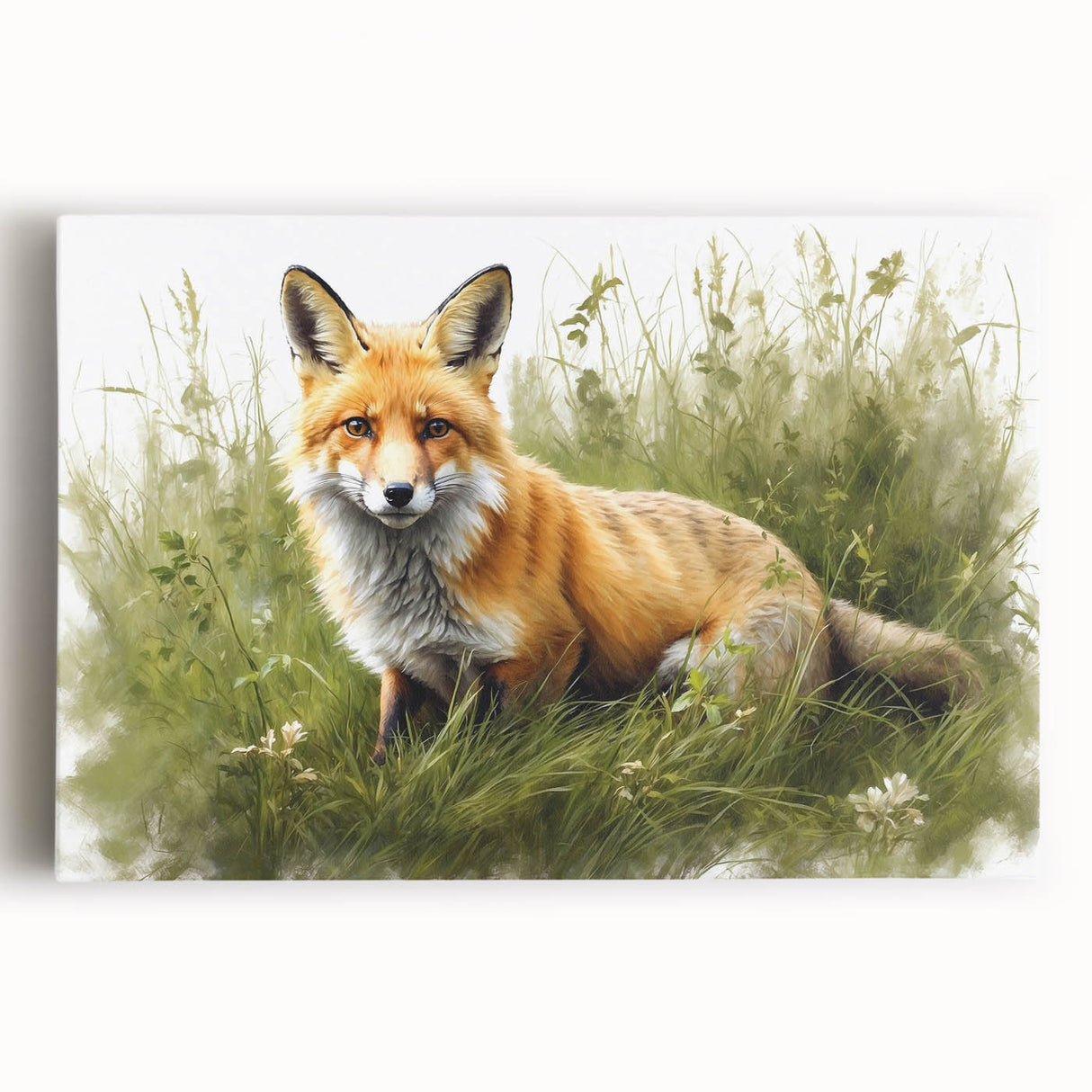 Vibrant fox wall art design on stretched canvas, showcasing vivid orange and white colors, perfect for animal lovers and modern home decor enthusiasts.