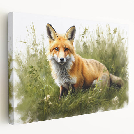 Stretched canvas wall art featuring a vibrant fox design in a natural setting, perfect for wildlife enthusiasts and home decor, showcasing rich colors and intricate details.