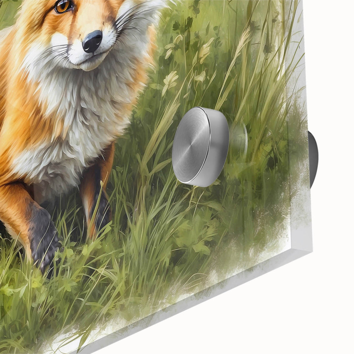 Close-up of a vibrant acrylic glass wall art piece showcasing a detailed fox design among a natural wildlife backdrop, perfect for animal lovers and home decor.