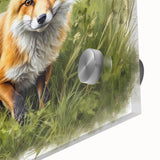 Close-up of a vibrant acrylic glass wall art piece showcasing a detailed fox design among a natural wildlife backdrop, perfect for animal lovers and home decor.