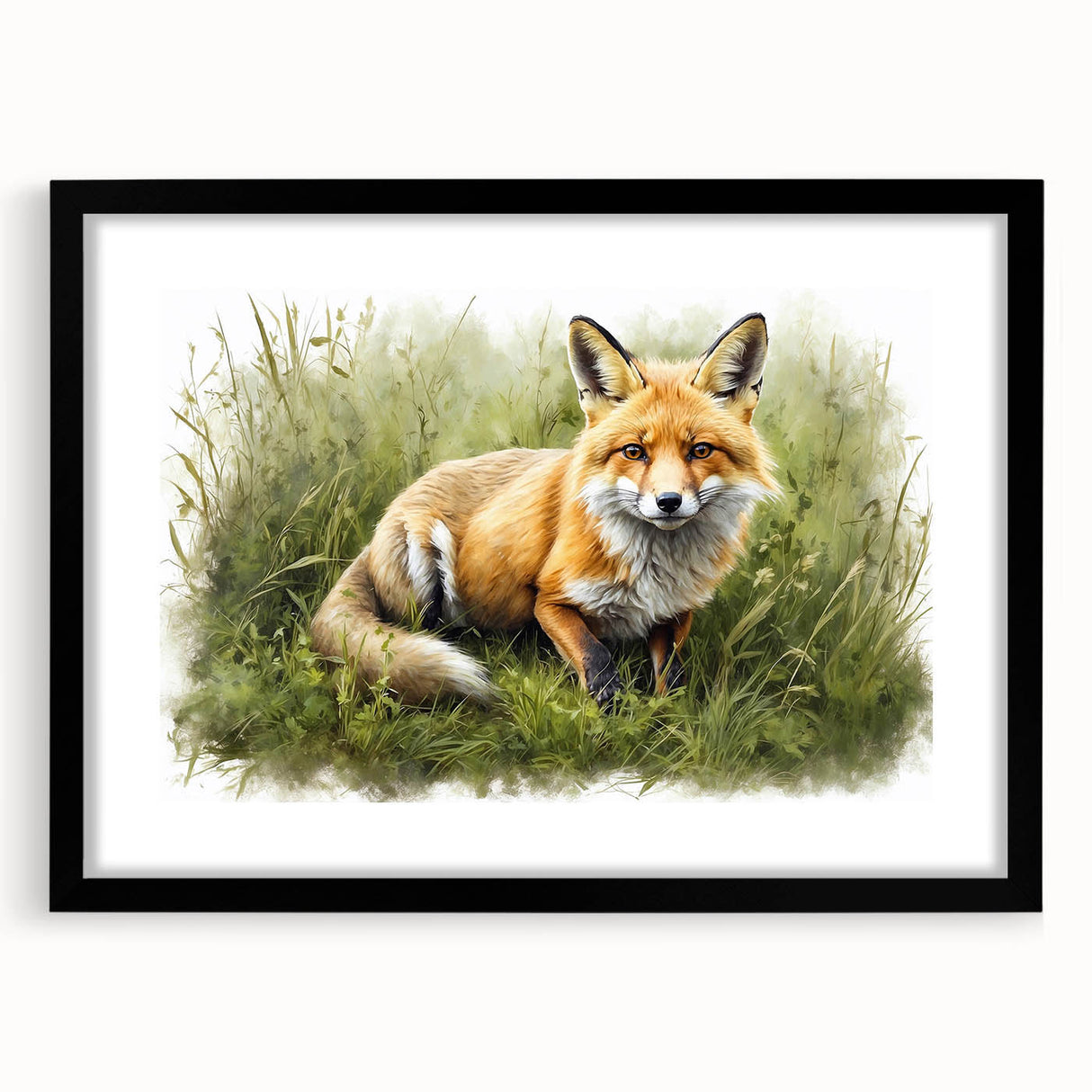 Framed black wall art featuring a vivid fox design, showcasing intricate details and vibrant colors, ideal for animal lovers and home decor enthusiasts.