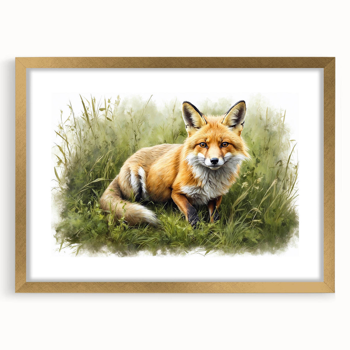 Framed wall art featuring a vibrant fox design in a gold frame, showcasing intricate details and a stylish mat, perfect for adding a touch of wildlife elegance to home decor.