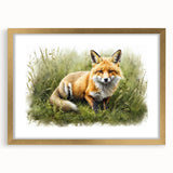 Framed wall art featuring a vibrant fox design in a gold frame, showcasing intricate details and a stylish mat, perfect for adding a touch of wildlife elegance to home decor.