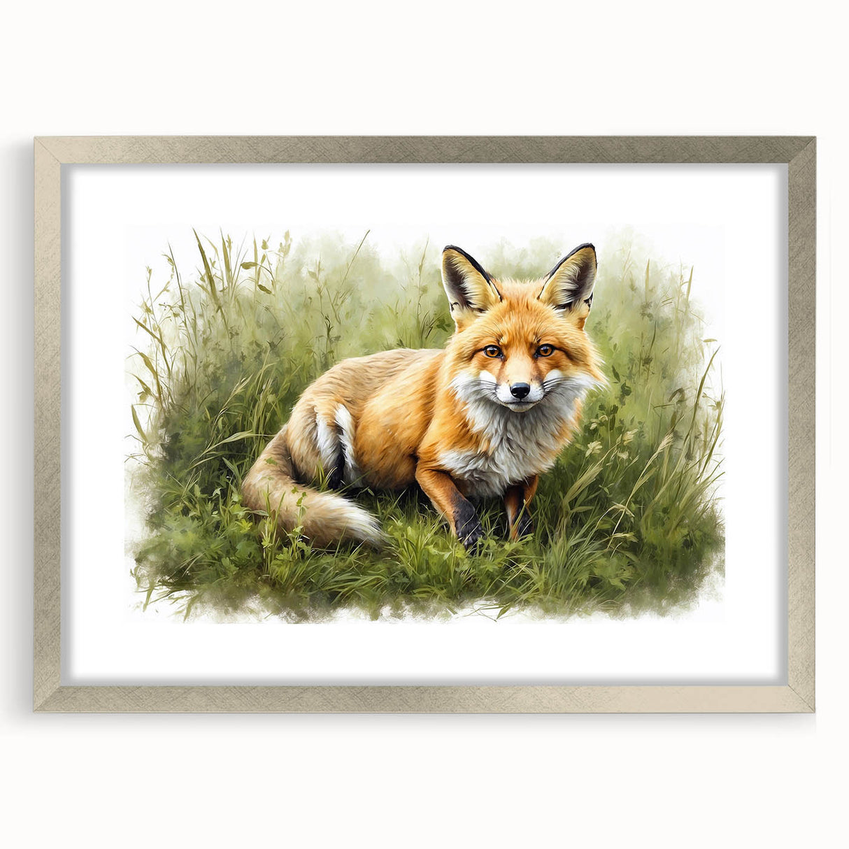 Framed wall art featuring a silver mat showcasing a beautifully designed fox illustration, perfect for adding a touch of wildlife charm to home decor.