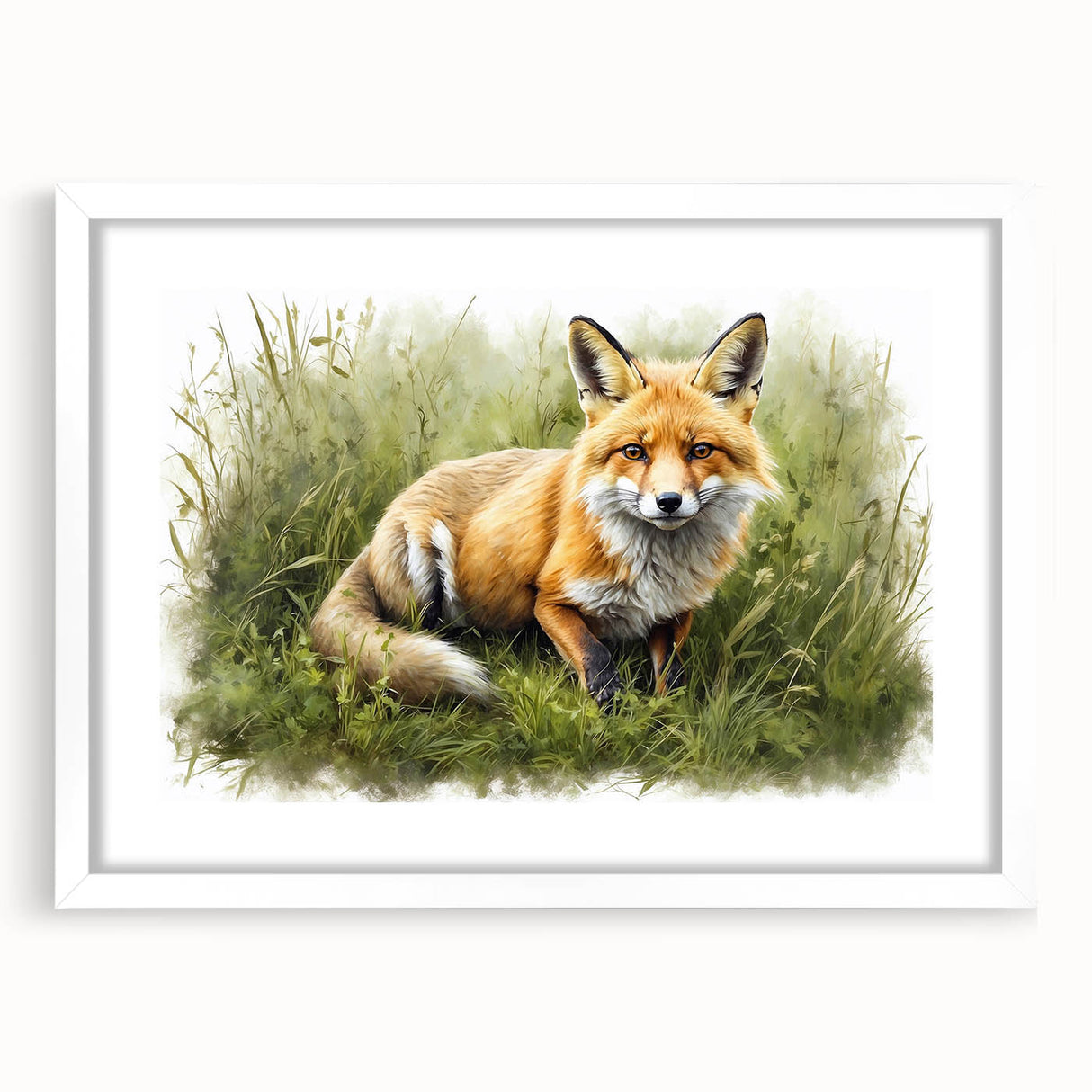Framed wall art showcasing a vibrant fox design with a white mat, perfect for enhancing home decor in a nature-themed setting. Ideal for animal lovers.